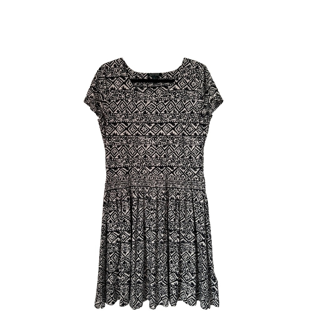 Lauren Ralph‎ Lauren Fit n Flare Dress Size L Black White Tribal Print Smocked